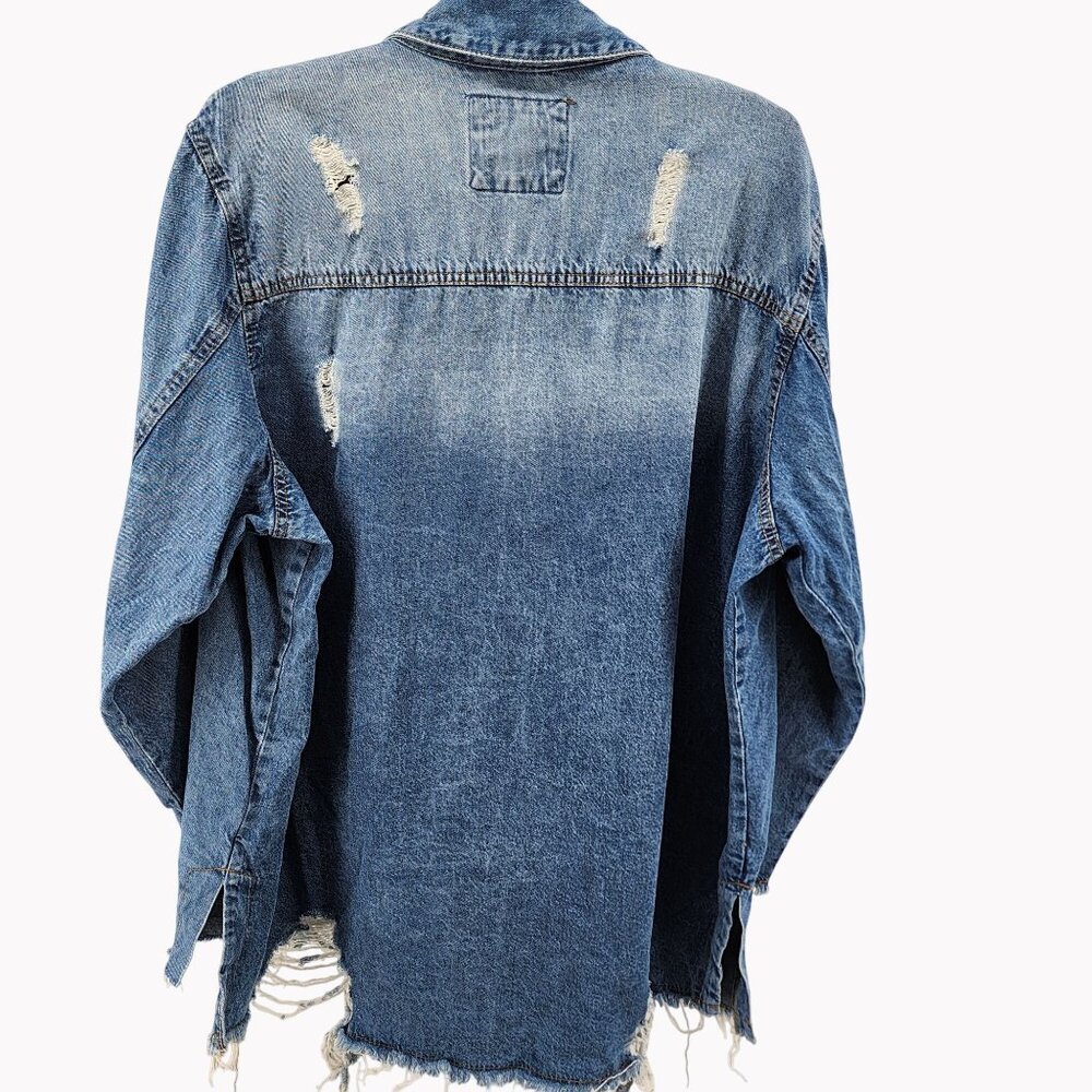 Highway Jeans Womens Distressed Denim Jacket Dress 2X Long Sleeve Button-Up - Picture 4 of 9